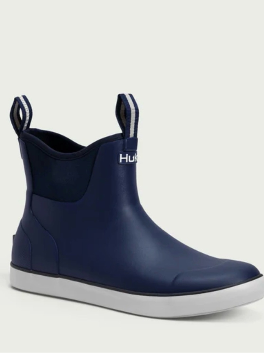 Huk Men's Navy Low-Cut Waterproof Rain Boot with White Sole